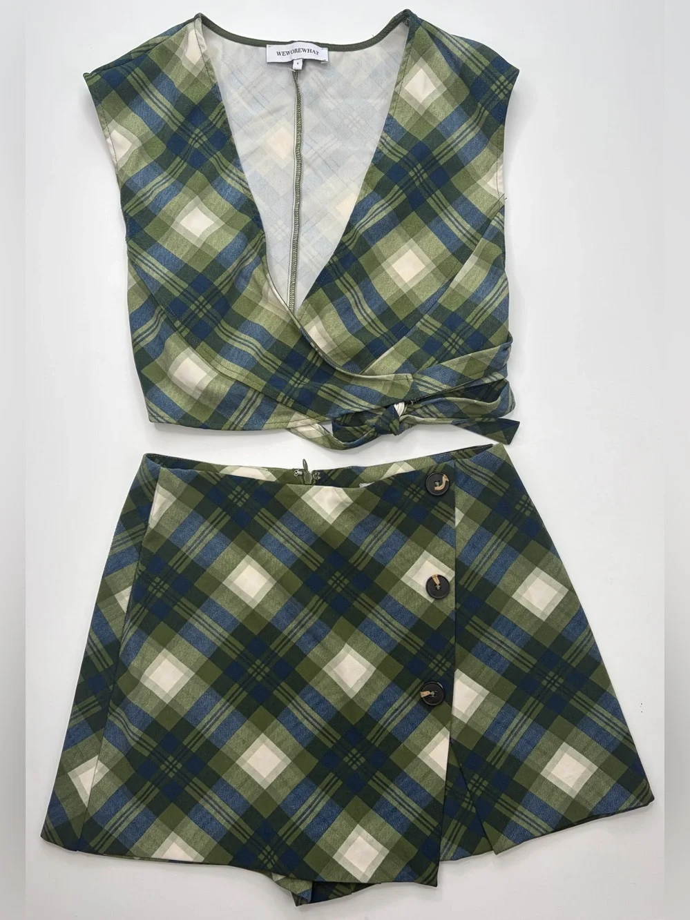 WeWoreWhat wrap top and mini skirt set in vintage plaid green small GUC